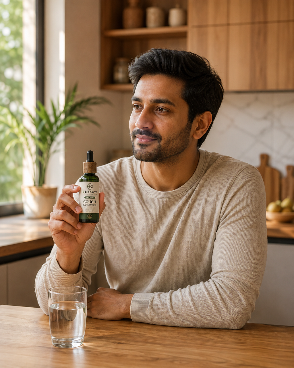 Man holding Bio Cough Drop beside water