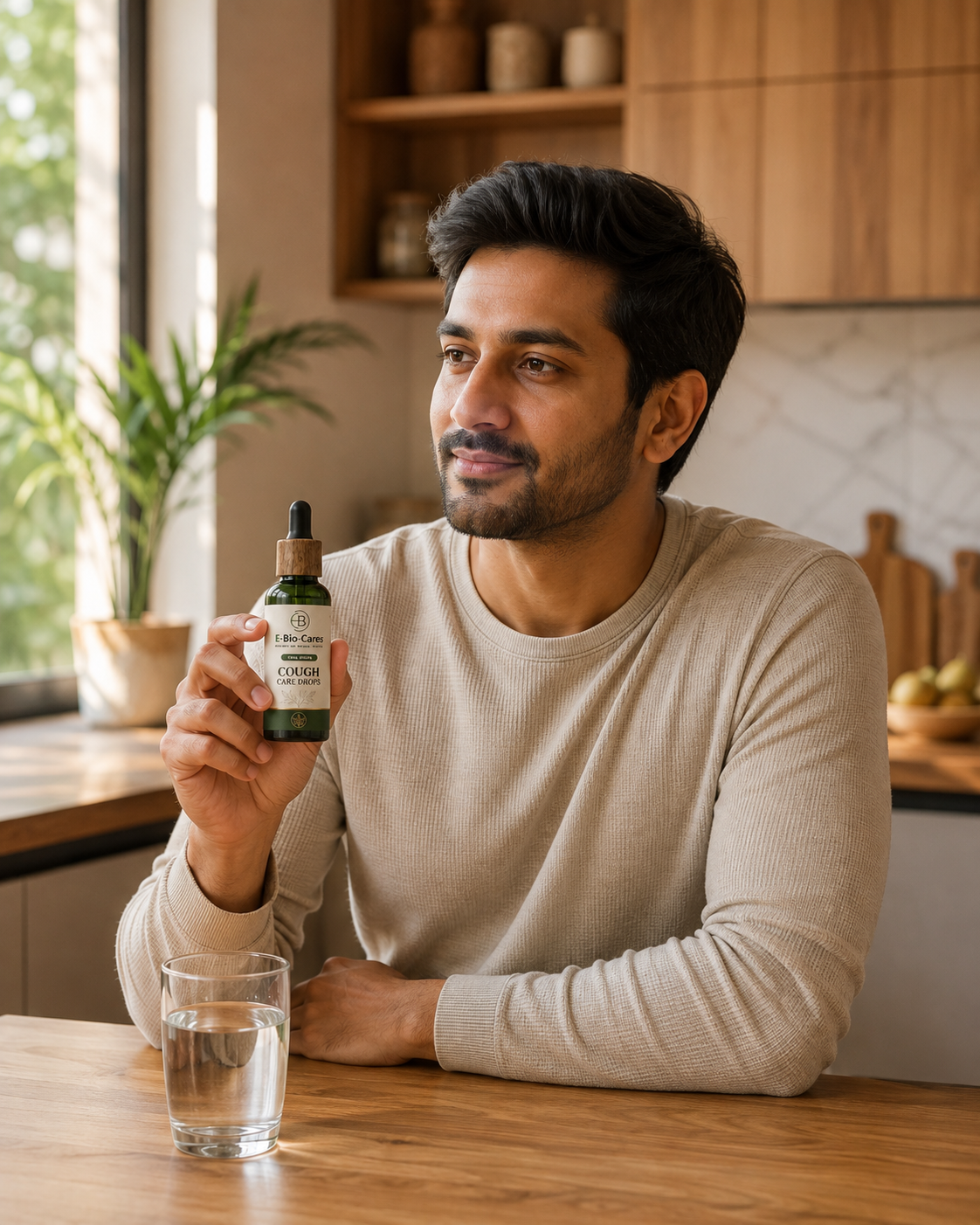 Man holding Bio Cough Drop beside water