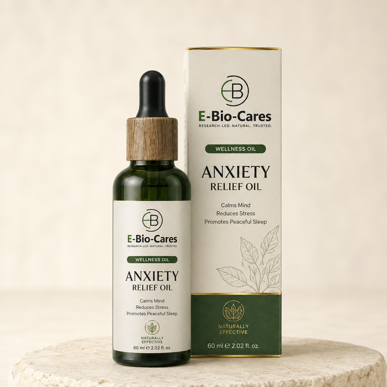 Bio Head Oil Anxiety Relief Oil 60 ml bottle and box on an ivory background