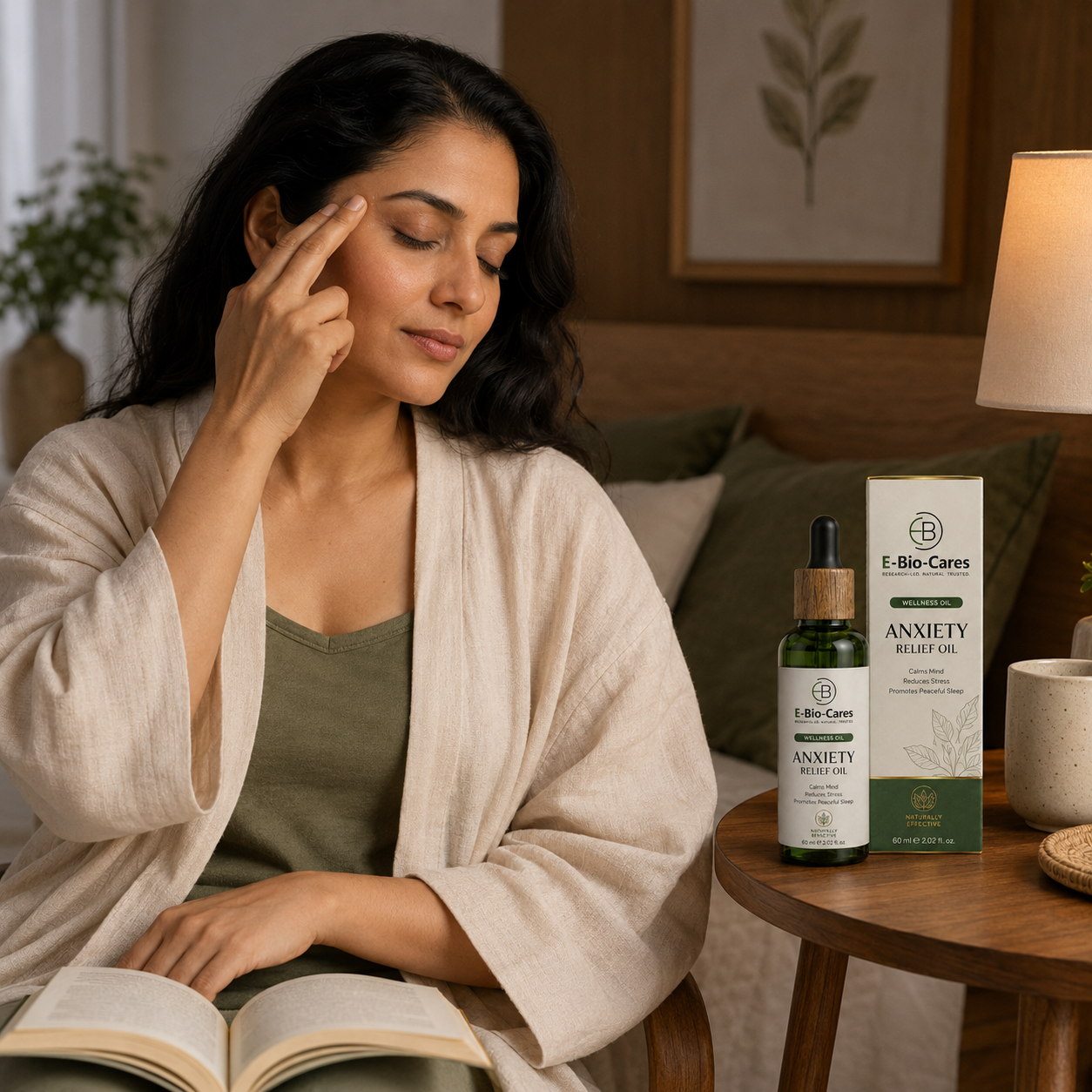 Woman using Bio Head Oil as part of an external head-care ritual