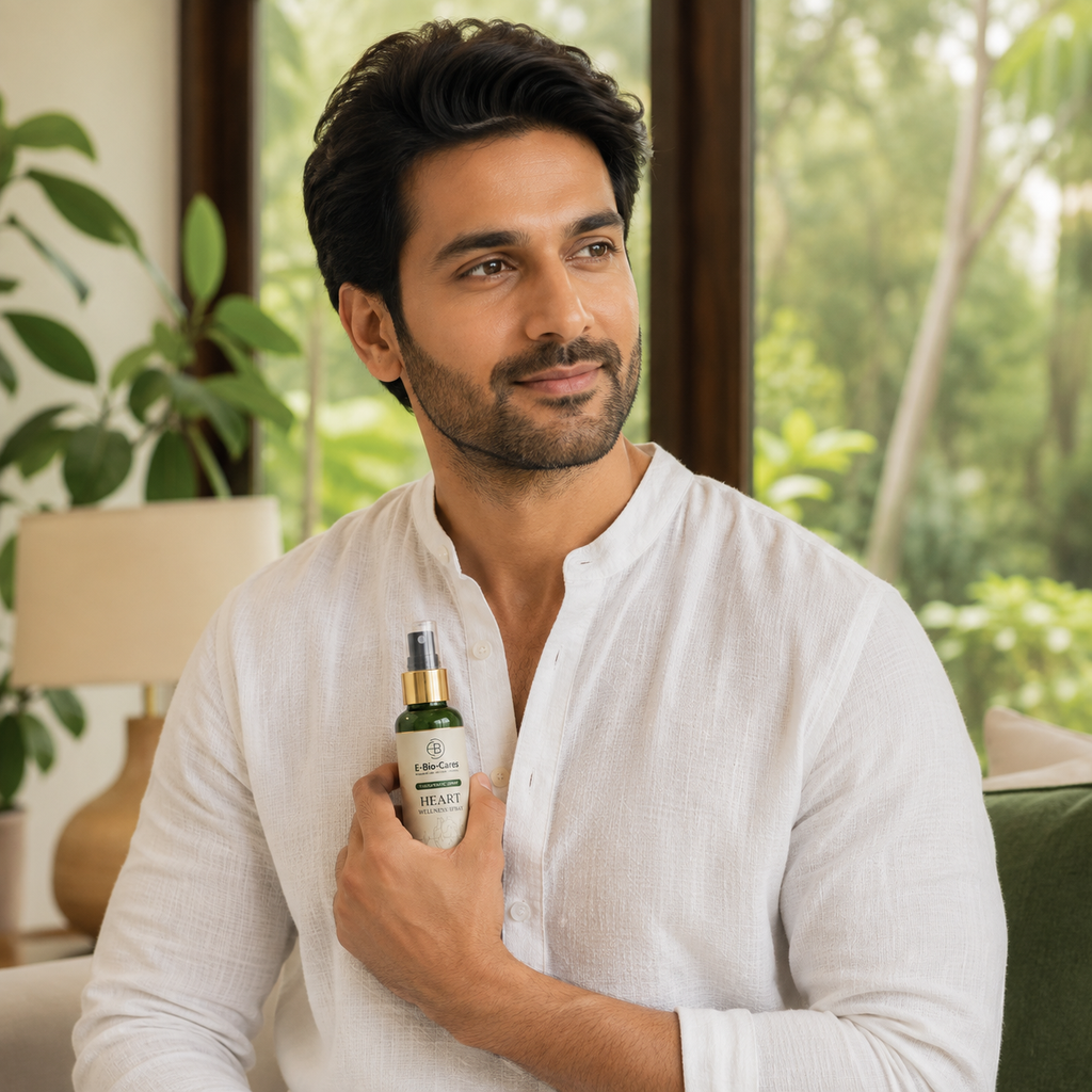 Man holding Bio Heart Spray near upper chest