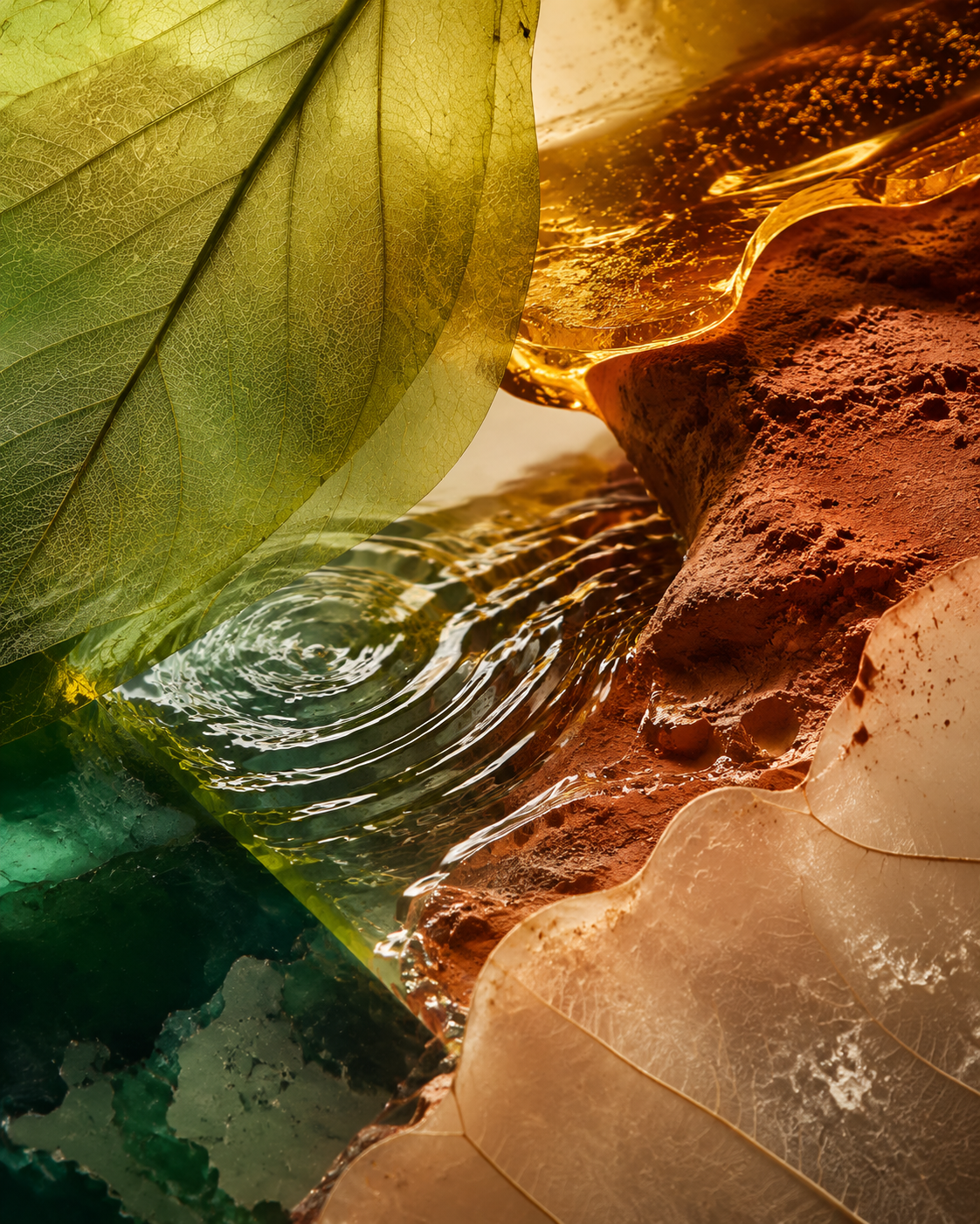 Botanical leaves, resin, water and clay